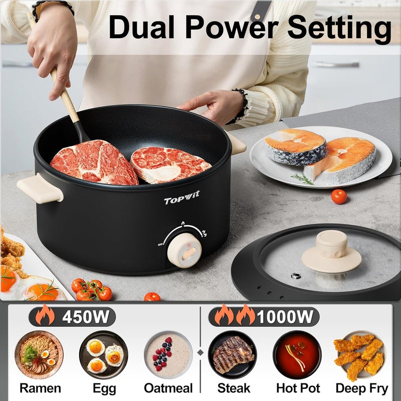 TopWit Hot Pot Electric, 4L Electric Pot with Non-Stick Coating, Dual Power Electric Cooker for Deep Frying, Steak, Pasta, Multi-Functional Large Capaity Shabu Shabu Pot for Party, Dark Black - Image 4